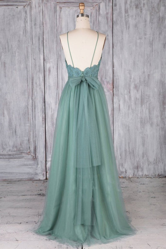 A Line Backless Lace Green Long Prom Dresses, Backless Green Lace Formal Graduation Evening Dresses M3047