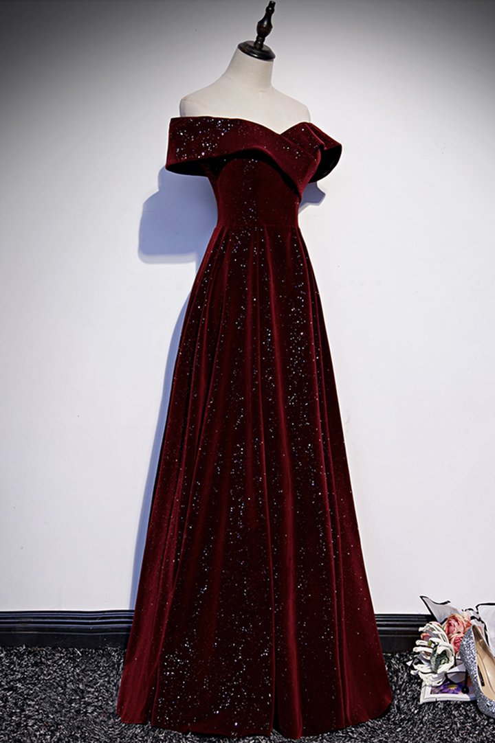 Burgundy velvet long prom dress evening dress M484
