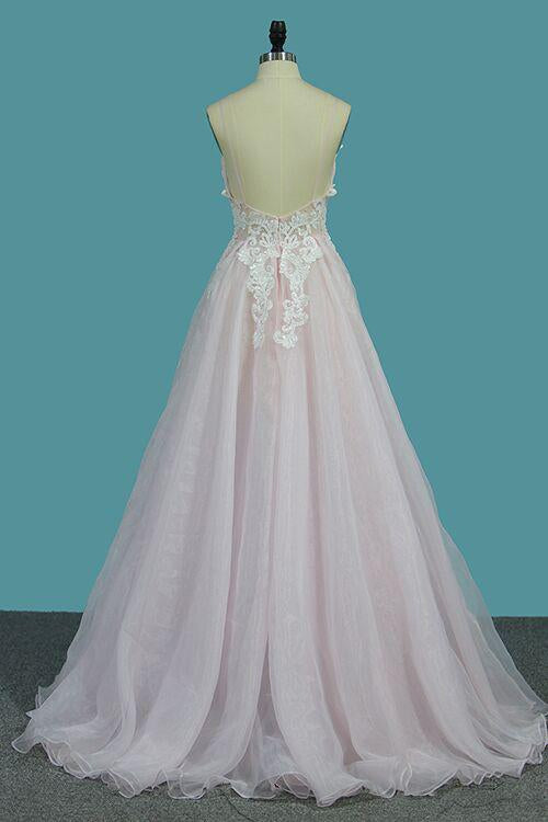 Deep V Neck Light Pink A Line Prom Dress, Spaghetti Straps Appliques Sexy Prom Dress M1434