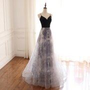 Glitter V-Neck Black Velvet Top Long Prom Dress M914