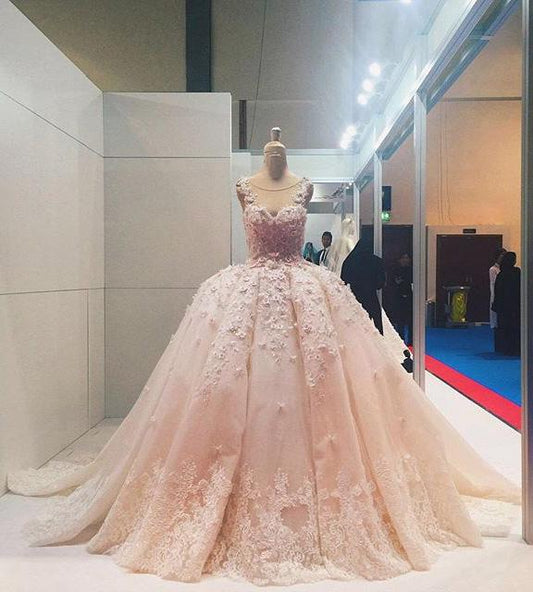 Ball Gown Sleeveless Lace Appliqued Tulle Prom Dresses, Quinceanera Dress Wedding Dress M1444