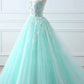 Tiffany Blue Sweetheart Puffy Tulle Prom Dress with Lace Appliques, Long Graduation Dress M1913