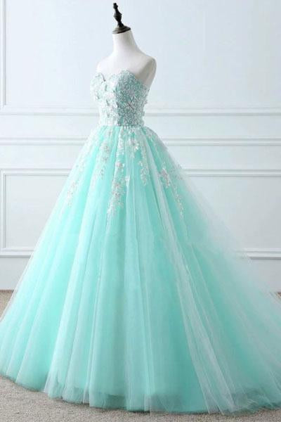 Tiffany Blue Sweetheart Puffy Tulle Prom Dress with Lace Appliques, Long Graduation Dress M1913