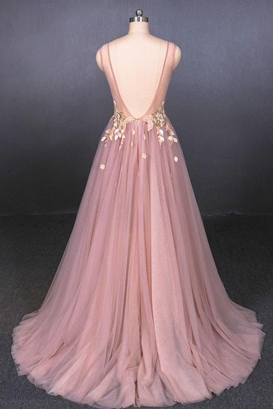 Robe de bal rose en tulle sans manches, col en V et appliqués, robe de soirée trapèze en tulle M1854