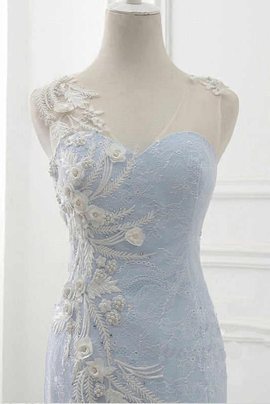 Baby Blue Sweep Train Lace Mermaid Evening Dresses, Formal Dress With Applique M1628