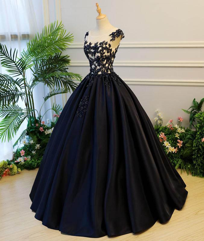 Generous Princess Cap Sleeves Scoop Black Applique Satin Long Prom/Evening Dress M1206