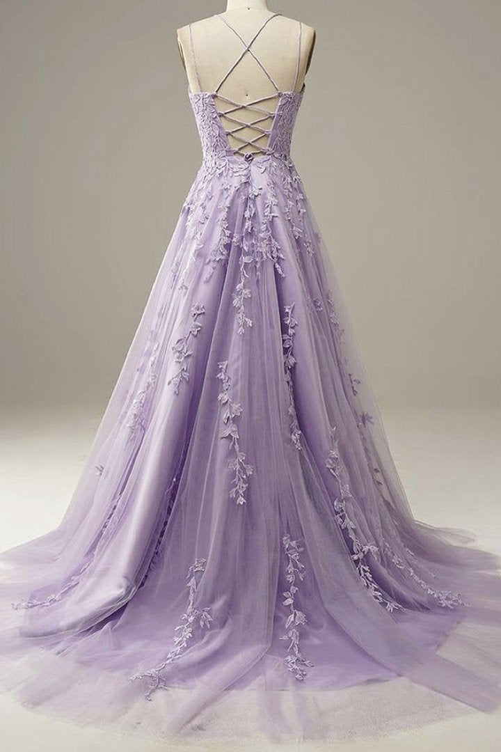 Purple lace long A line prom dress evening dress M2169