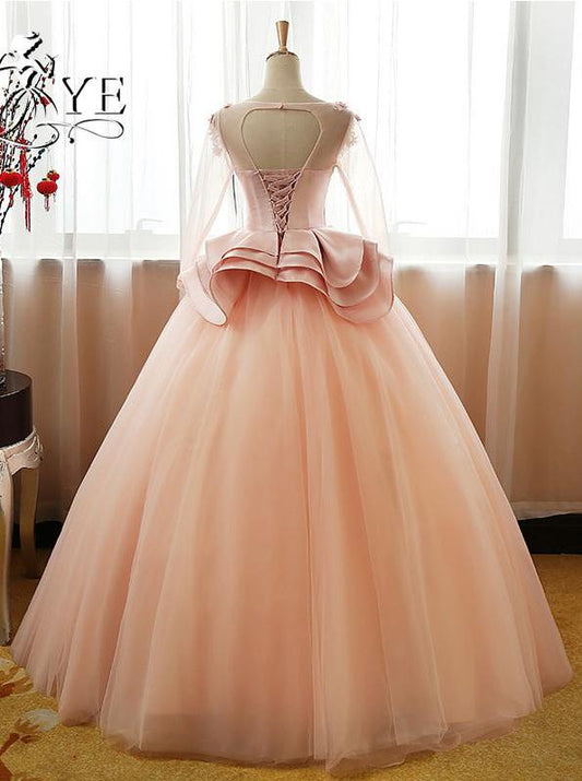 Ball Gown Long Sleeve Tulle Prom Dress with Flowers, Puffy Quinceanera Dresses M1440