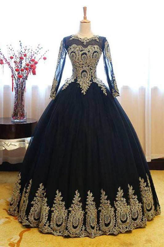 Black Ball Gown Long Sleeves Party Dress, Princess Tulle Prom Dress with Lace Appliques M1503