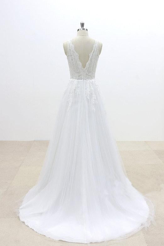 A Line V Neck Lace Appliqued Tulle Wedding Dress with V-Cut Back,Beach Wedding Dress M1405