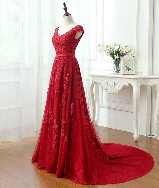 A Line Cap Sleeves Burgundy Lace Long Prom Dress with Appliques, Burgundy Formal Dress, Burgundy Evening Dress M3253
