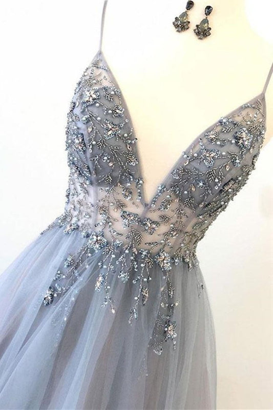 A Line V Neck Grey Beaded Long Prom Dress with Split, Grey Beaded Formal Graduation Evening Dress M2869