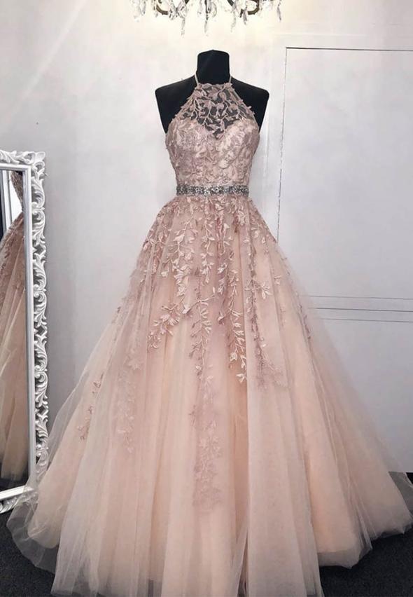 Light pink tulle lace prom gown evening dress  M806