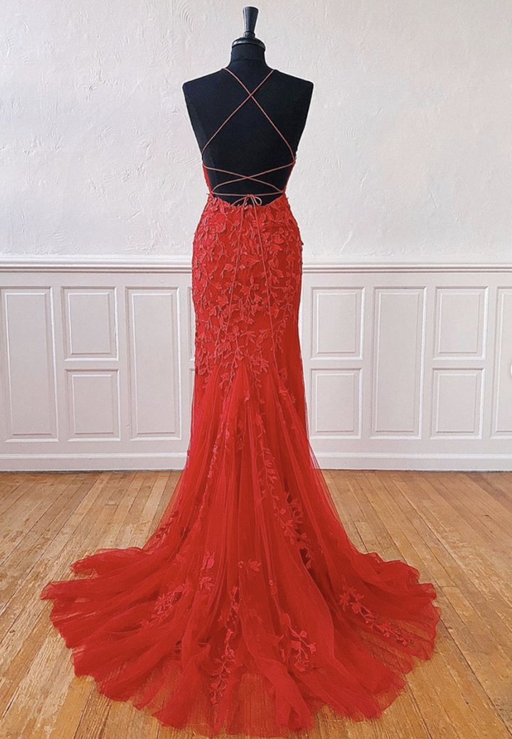 Red lace long prom dress mermaid evening dress  M778