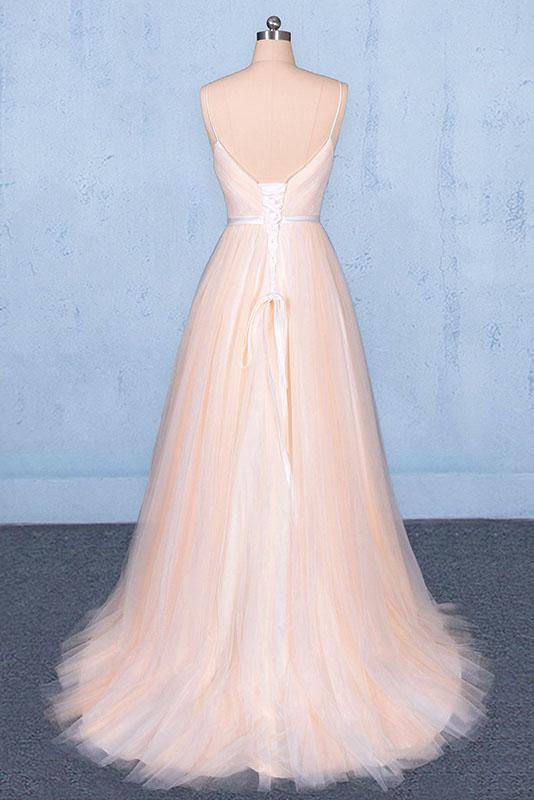 Peach V Neck Sleeveless Tulle A Line Prom Dresses, Straps Tulle Evening Dress M1848