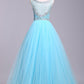 Blue Scoop Sleeveless Tulle Prom Dress with Sequins, Floor Length Puffy Evening Dress M1505
