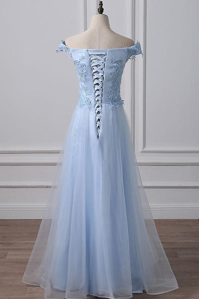 Elegant Off Shoulder Long Sky Blue Lace Prom Dress, Off Shoulder Sky Blue Formal Dress, Sky Blue Lace Evening Dress M2964