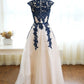 Dark Blue Appliques Ivory Tulle Prom Dress, Floor Length Elegant Evening Dresses M1447