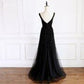 Elegant V-Neck Beaded Black Long Prom Dress M917
