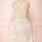Cute V Neck Backless Pink Lace Appliques Short Prom Dress, Pink Lace Formal Graduation Homecoming Dress M2827