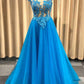 Blue Sheer Neck Appliqued Tulle Prom Gowns, A Line Cap Sleeves Long Grduation Dresses M1730