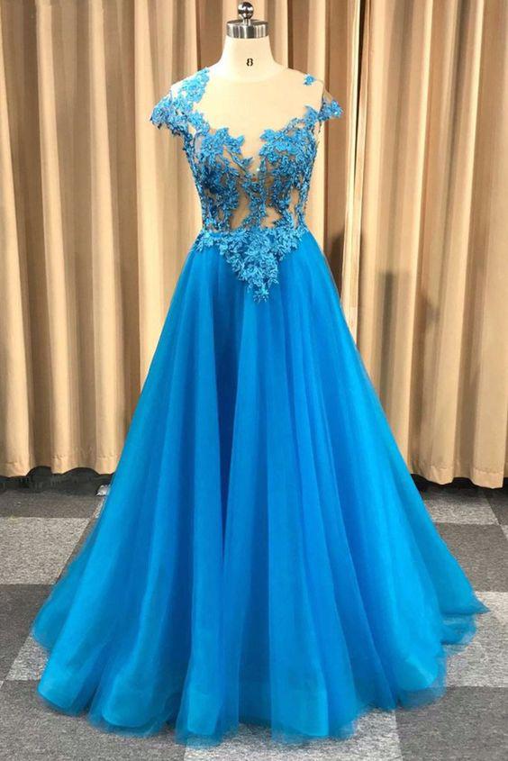Blue Sheer Neck Appliqued Tulle Prom Gowns, A Line Cap Sleeves Long Grduation Dresses M1730
