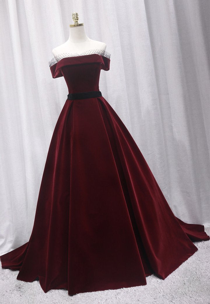 Burgundy velvet long prom gown formal dress  M650