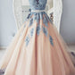 Puffy Round Neck Teal Blue Lace and Peach Tulle Long Prom Dresses M1600