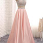 A Line Round Neck Two Pieces Beaded Pink Prom Dresses, Two Pieces Pink Formal Dresses, Pink Evening Dresses M3131