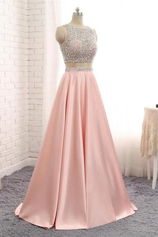 A Line Round Neck Two Pieces Beaded Pink Prom Dresses, Two Pieces Pink Formal Dresses, Pink Evening Dresses M3131