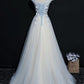 A Line Cap Sleeves Tulle Prom Dress, Floor Length Appliqued Evening Dress with Flowers M1489