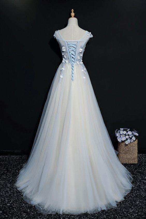 A Line Cap Sleeves Tulle Prom Dress, Floor Length Appliqued Evening Dress with Flowers M1489