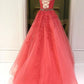 Stylish Backless Coral Lace Long Prom Dress, Coral Lace Formal Graduation Evening Dress M2939