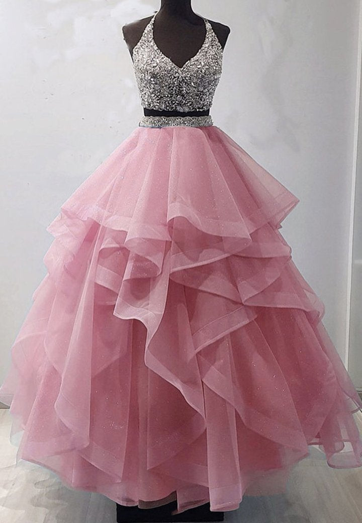 Two pieces tulle beads long prom gown evening dress M763