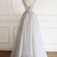 Gray v neck tulle lace prom gown evening dress M821