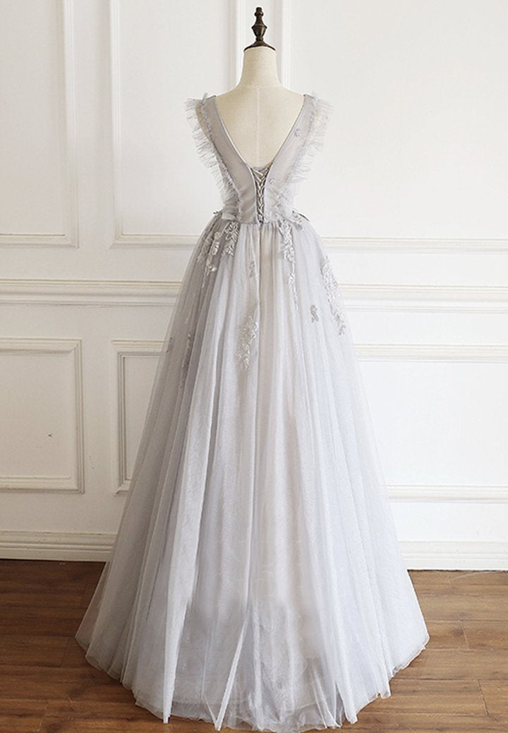 Gray v neck tulle lace prom gown evening dress M821