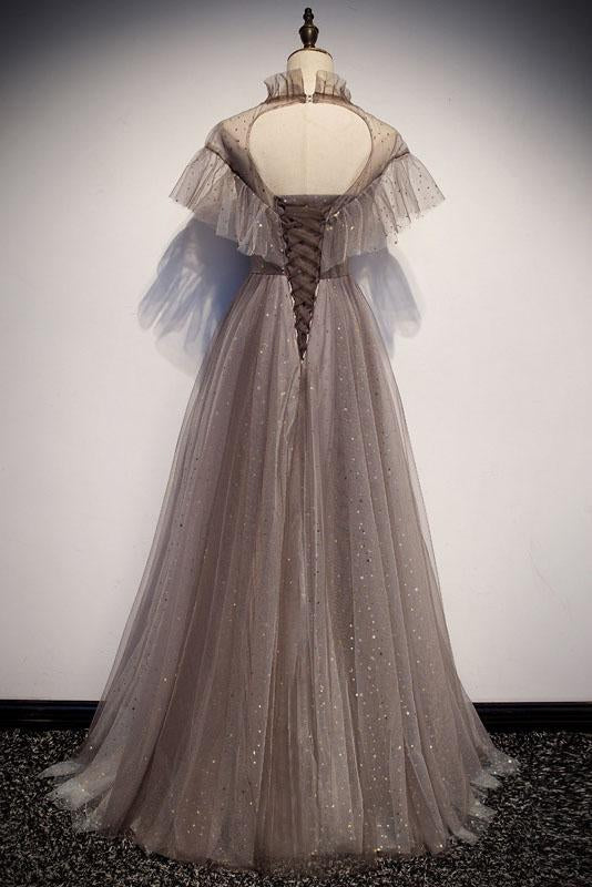 Floor Length High Neck Sparkly Prom Dress with Ruffles, A Line Shinny Evening Dress M1839