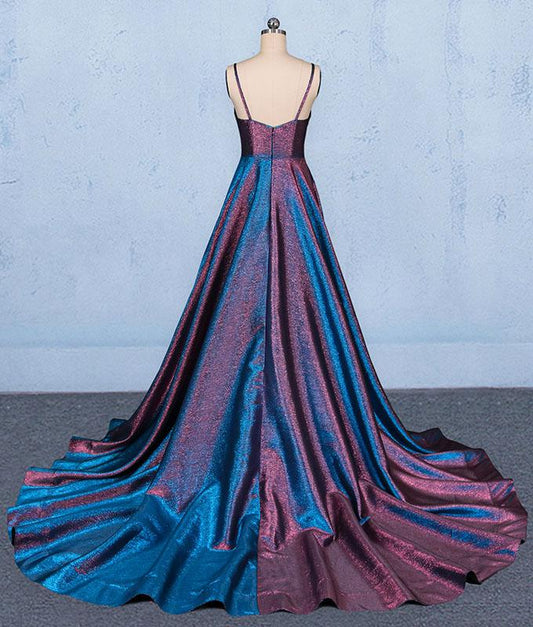 A Line V Neck Sleeveless Prom Dress, Spaghetti Straps Long Evening Dresses  M1847