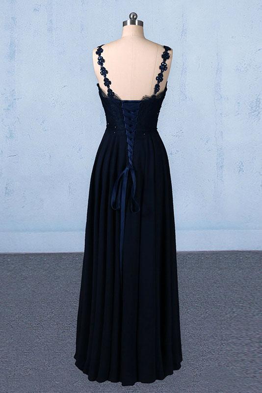Dark Navy Blue Straps Floor Length Evening Dresses, Long Chiffon Prom Dress with Lace M1832