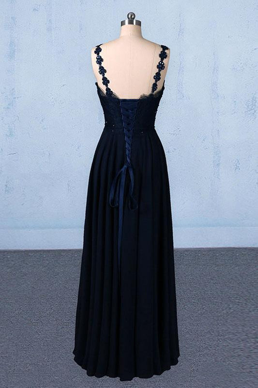 Dark Navy Blue Straps Floor Length Evening Dresses, Long Chiffon Prom Dress with Lace M1832