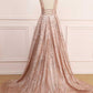 A Line Deep V Neck Long Prom Dress with Sequins, Glitter Sleeveless Evening Dress M1825