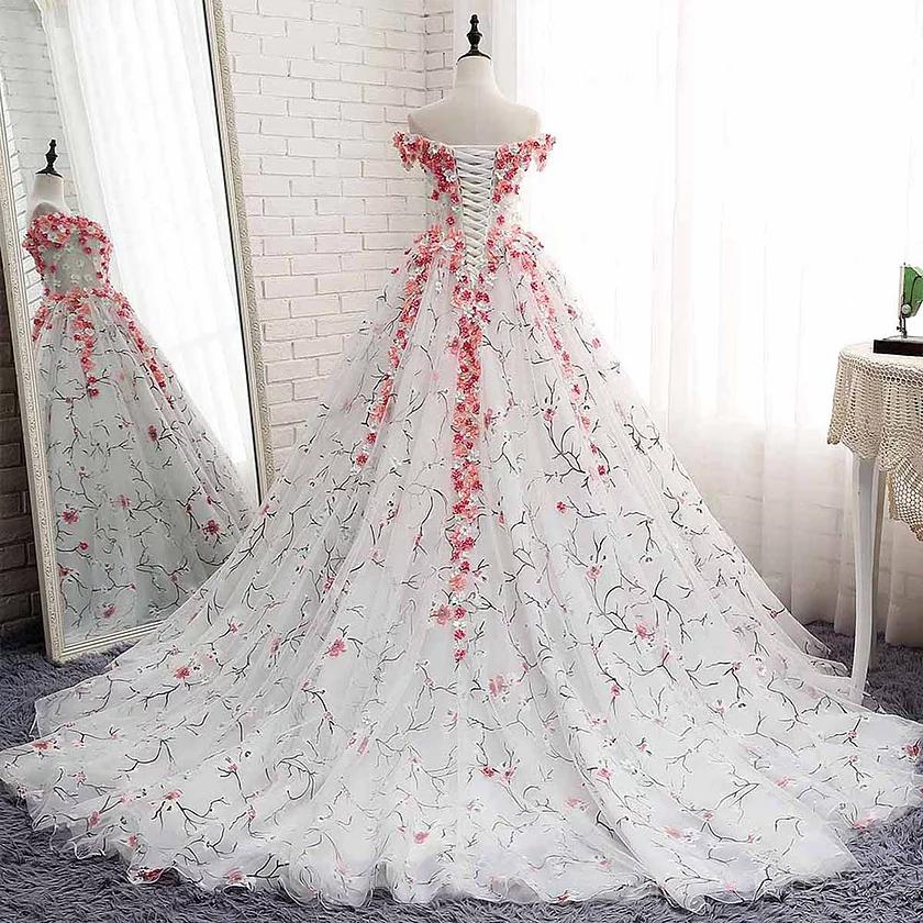Off Shoulder Lace Applique Evening Prom Dresses, Cheap Custom Sweet 16 Dresses M1633
