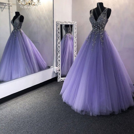 Gorgeous V Neck Beaded Purple Tulle Long Prom Dress, V Neck Purple Formal Evening Dress, Purple Ball Gown M2862