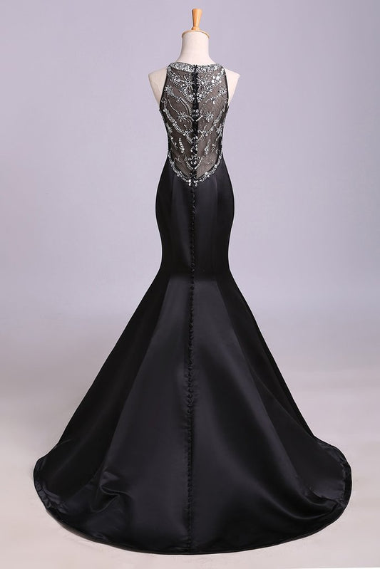 Black Mermaid Sleeveless Beaded Satin Prom Dress, Long Evening Dresses M1507