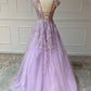 V Neck Off Shoulder Long Lilac Lace Prom Dress, Off Shoulder Purple Lace Formal Graduation Evening Dress M2912