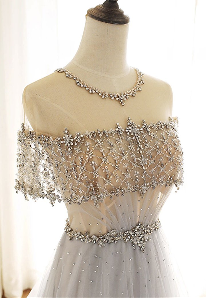 Gray tulle beads long prom dress evening dress  M646