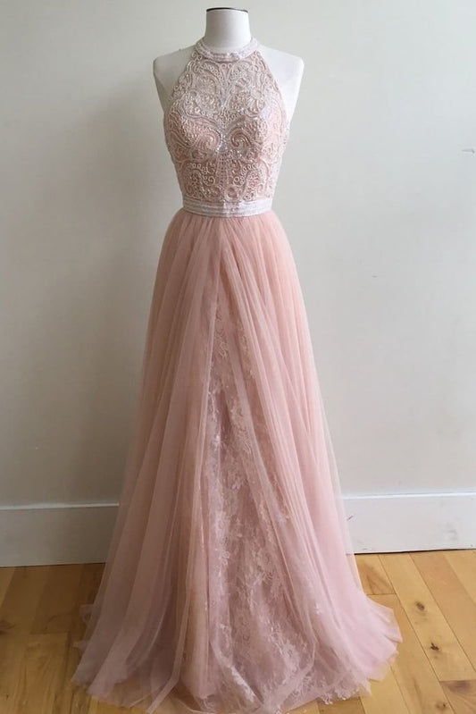 A-Line Halter Pink Floor-Length Prom Dresses,Sleeveless Tulle Prom Dress with Appliques M1282