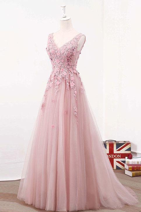 Blush Pink Elegant V Neck Tulle Prom Dresses, A Line Appliques Evening dresses with Flowers  M1621