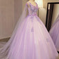 Unique Lilac Tulle Long Ball Gown Evening Dress with Flowers, Puffy Quinceanera Dresses M1619