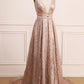 A Line Deep V Neck Long Prom Dress with Sequins, Glitter Sleeveless Evening Dress M1825